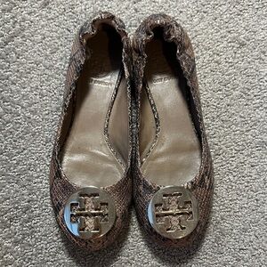 Tory Burch Brown Snake-Print Logo Ballet Flats